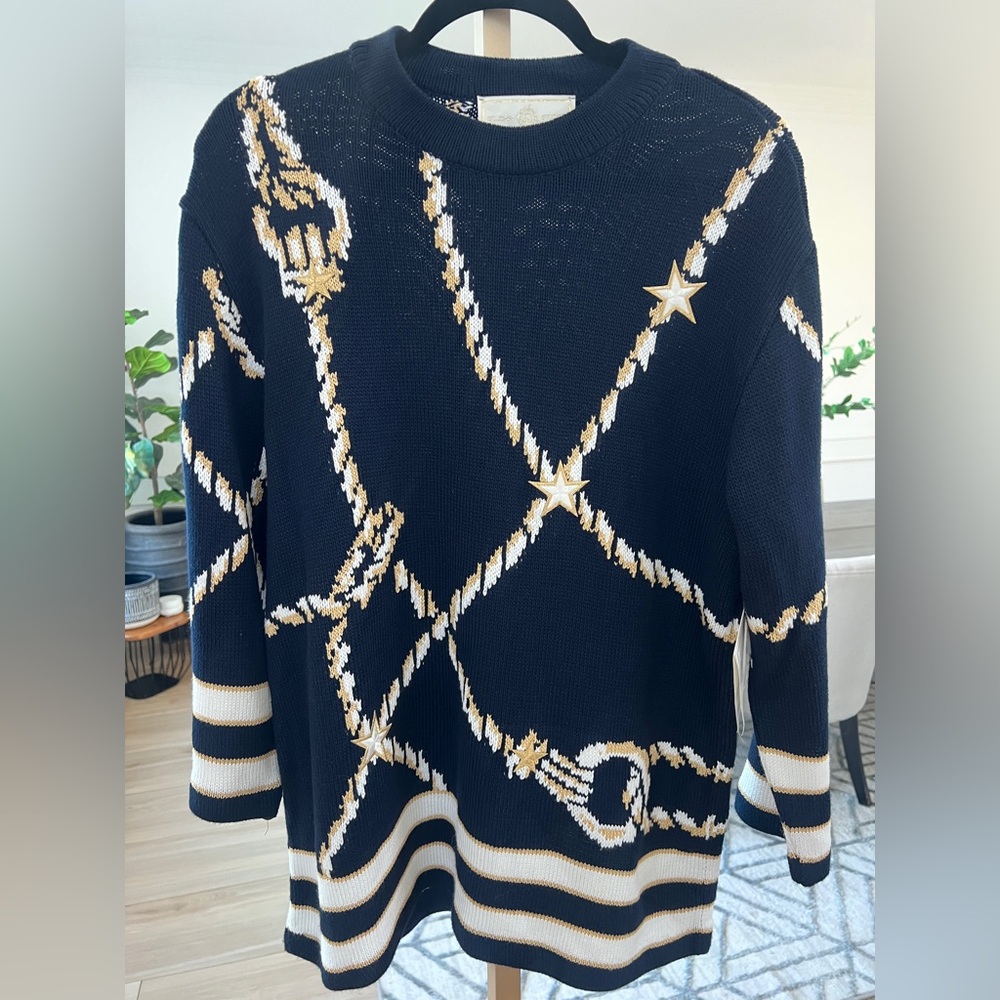 St. John Sport Nautical Rope Star Sweater Navy/White/Gold Size P NWT